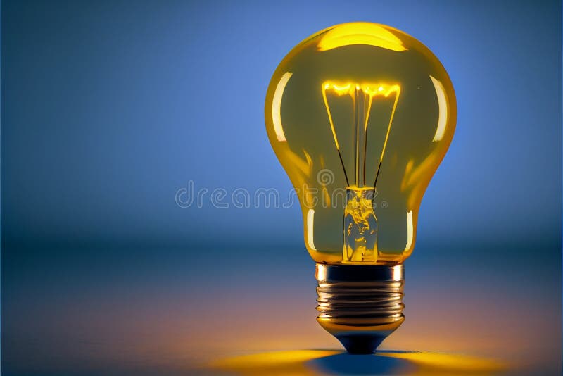 Yellow Light Bulb on a Blue Background. Generative AI Stock Photo