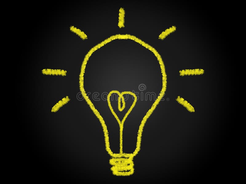Yellow line drawing for light bulb concept idea with ray shine and heart filament lamp on black background.