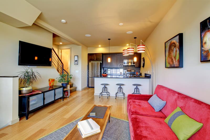 Yellow Living Room Ith Red Sofa and Kitchen. Stock Image Image of