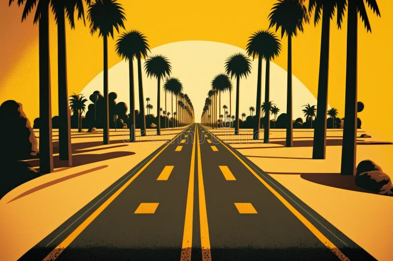 Yellow Markings on a Deserted Highway and Palm Trees in an Avenue Stock
