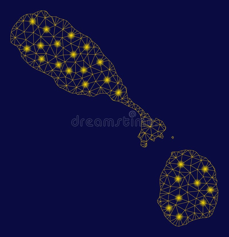 Yellow Mesh Wire Frame Saint Kitts and Nevis Map with Light Spots Stock