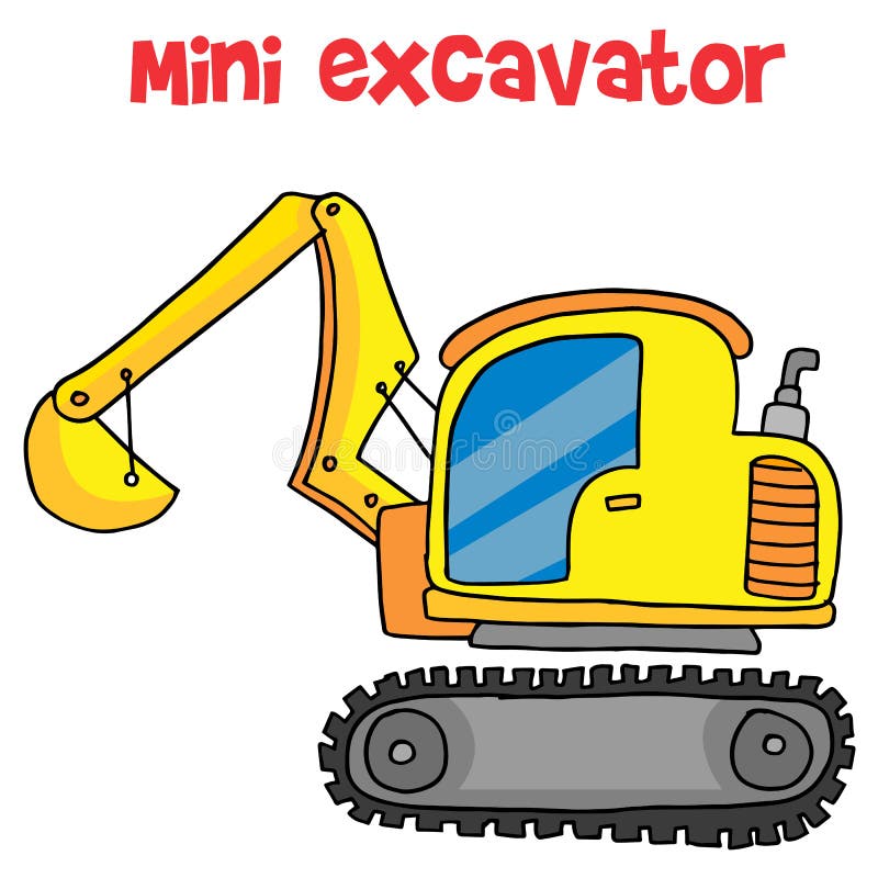 Excavator Cartoon. Yellow Construction Vehicle Digger with Scoop Loader