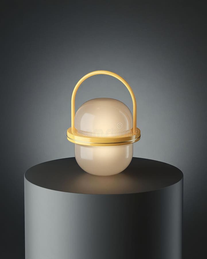 A yellow modern lamp with a handle sits on a round gray surface. It has a white, round light fixture with a gold rim vector illustration