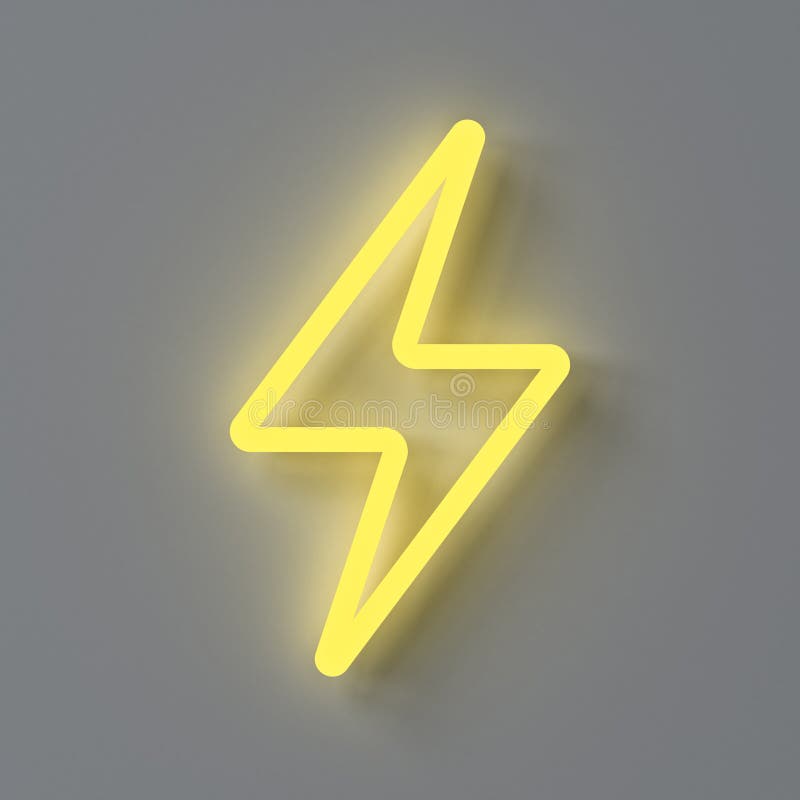 Yellow neon thunder or lightning on dark white wall background with shadow royalty free illustration