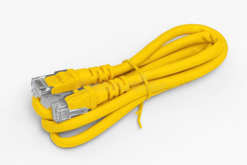 yellow network cable, isolated on white background. Closeup LAN cables with connector. Lan cable for internet network connection. Ethernet network cable roll.