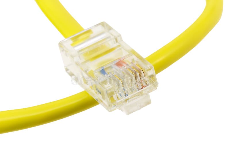 Yellow Network Cable With RJ45 Connector On White Background Stock