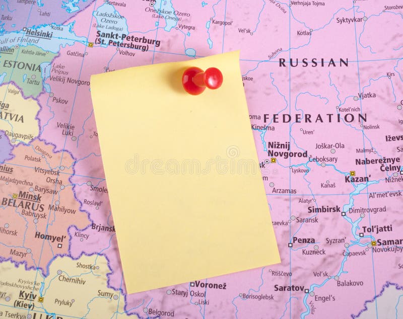 Yellow Note and red pin on map