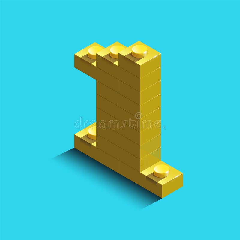 Yellow number one from constructor lego bricks on blue background. 3d lego number one