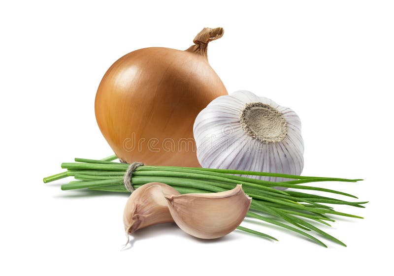 Yellow onion green scallion garlic isolated royalty free stock photography