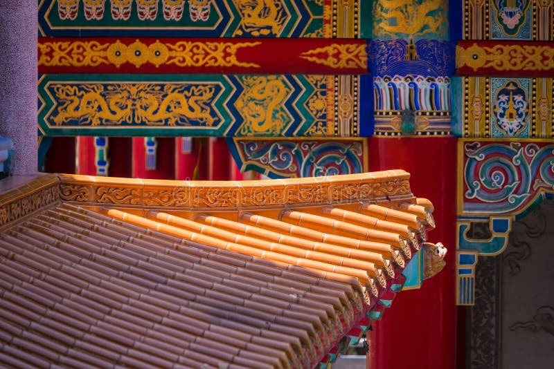 Yellow orange glazed terracotta roof tiles of a Chinese temple stock image Yellow orange glazed terracotta roof tiles of a Chinese temple stock image