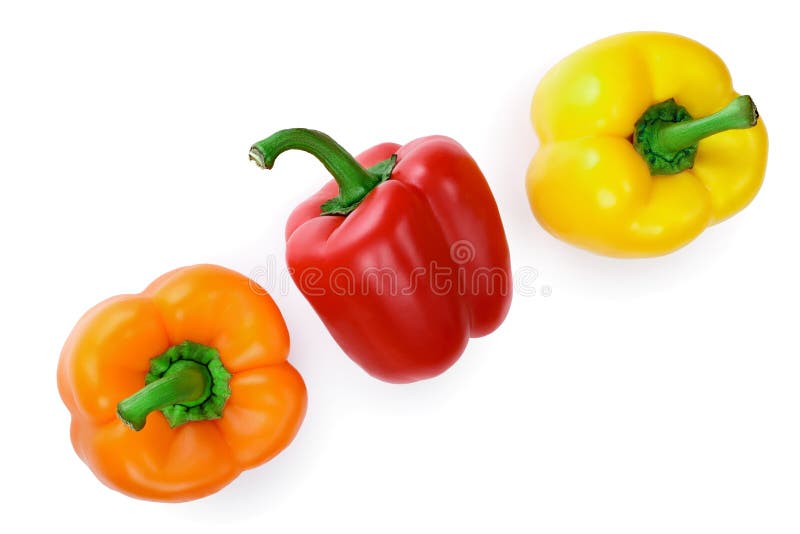 Yellow orange and red sweet bell pepper isolated on white background. Top view. Flat lay