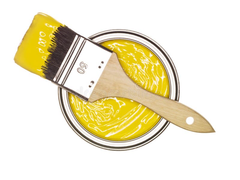 Yellow Paint can with brush stock images