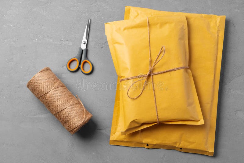 Lot of Yellow Paper Postal Envelopes. Top View. Stock Photo Image of