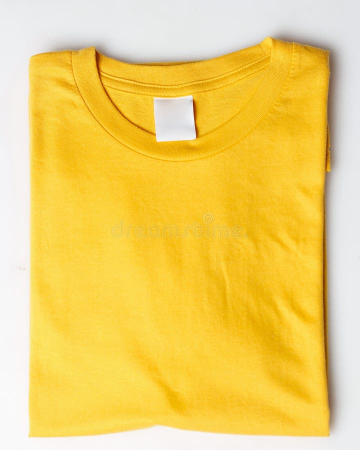 Yellow plain t-shirt mockup template. Plain t-shirt isolated on white background. Clothing for everyday. Perfect for your ad space. Space for your logo. Plain t-shirt for everyday wear. Focus blur.