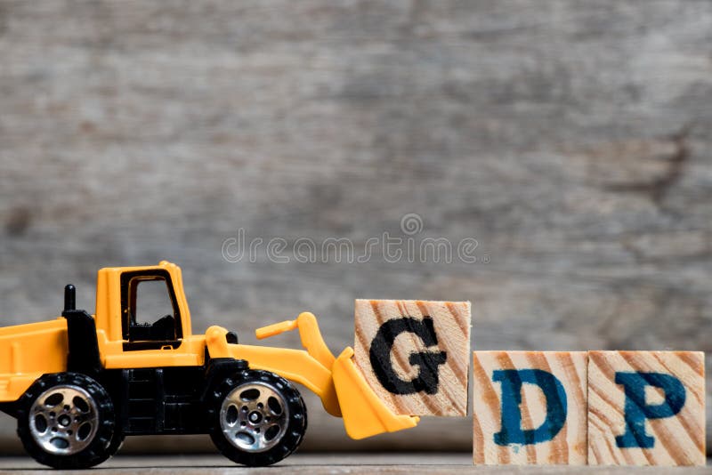 Yellow plastic bulldozer hold letter G to complete word GDP