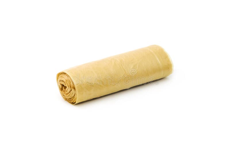 Rolls Of Yellow Trash Bags On White Background Stock Photo