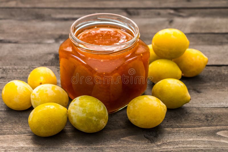 Yellow Plums on the Table and a Jar of Plum Jam Stock Image Image of