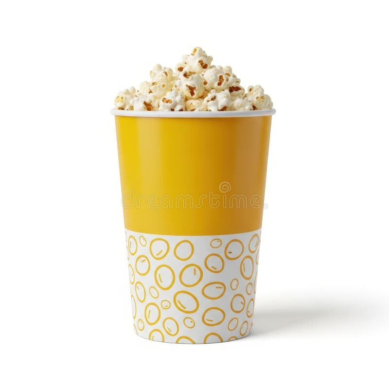 Yellow popcorn bucket with pattern a vibrant white patterned design at the bottom filled fluffy stands upright against plain ilustração do vetor