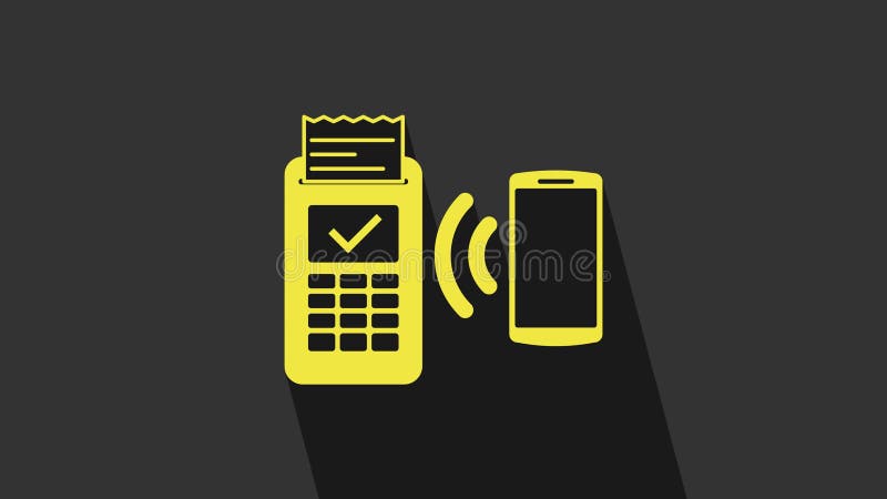 Yellow POS terminal with printed reciept and confirms the payment by smartphone icon isolated on grey background. NFC vector illustration