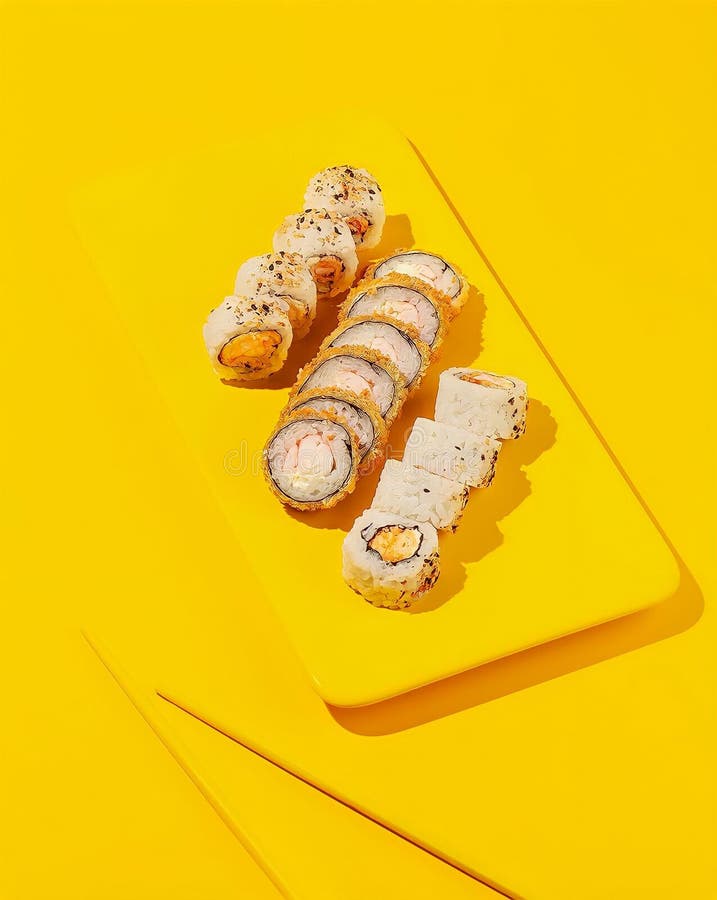 A yellow rectangular plate holds various sushi rolls with different fillings. The plate is on a bright yellow surface, creating a stock illustration