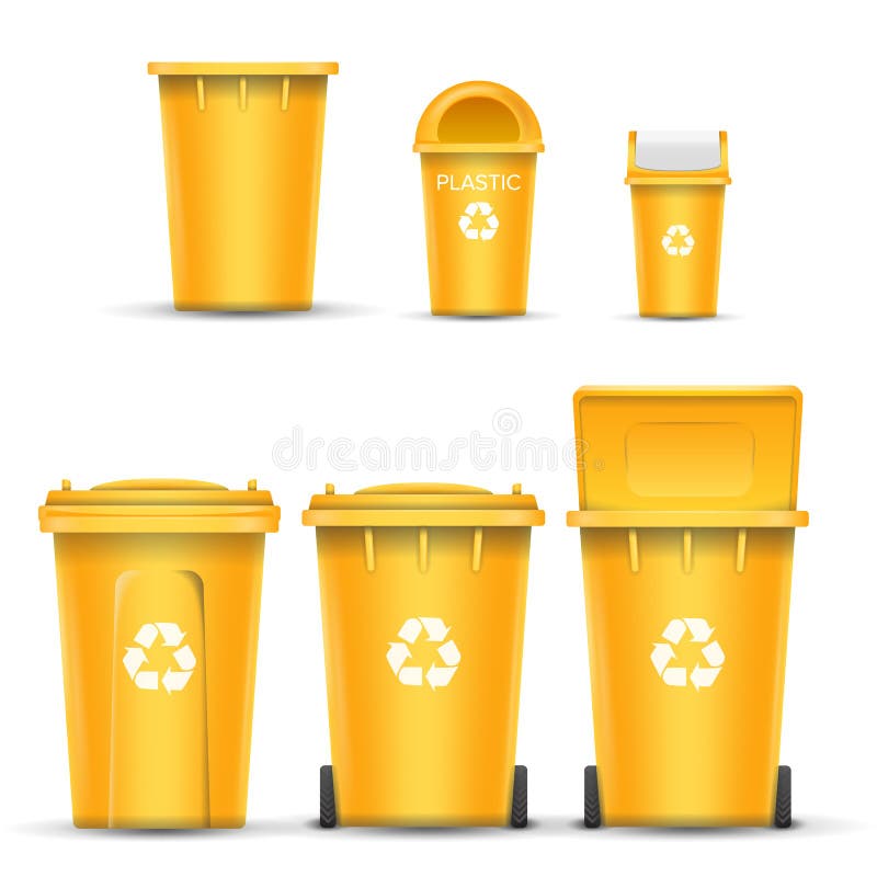 Yellow Recycling Bin Bucket Vector For Plastic Trash. Opened And Closed. Front View. Sign Arrow. Isolated Illustration vector illustration Yellow Recycling Bin Bucket Vector For Plastic Trash. Opened And Closed. Front View. Sign Arrow. Isolated Illustration vector illustration