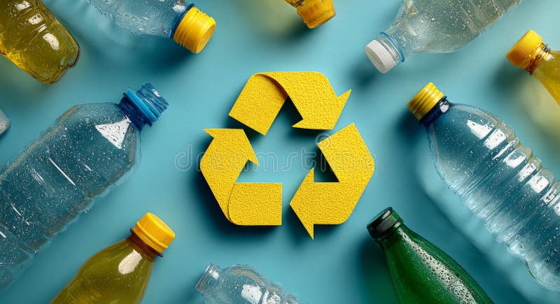 The yellow recycling logo, surrounded by plastic bottles and small plants, appears on a blue surface royalty free stock photography