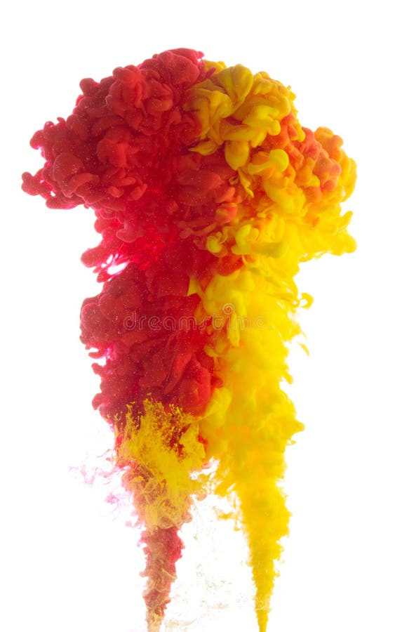 Acrylic yellow and red colorful ink in water abstract isolated on white background