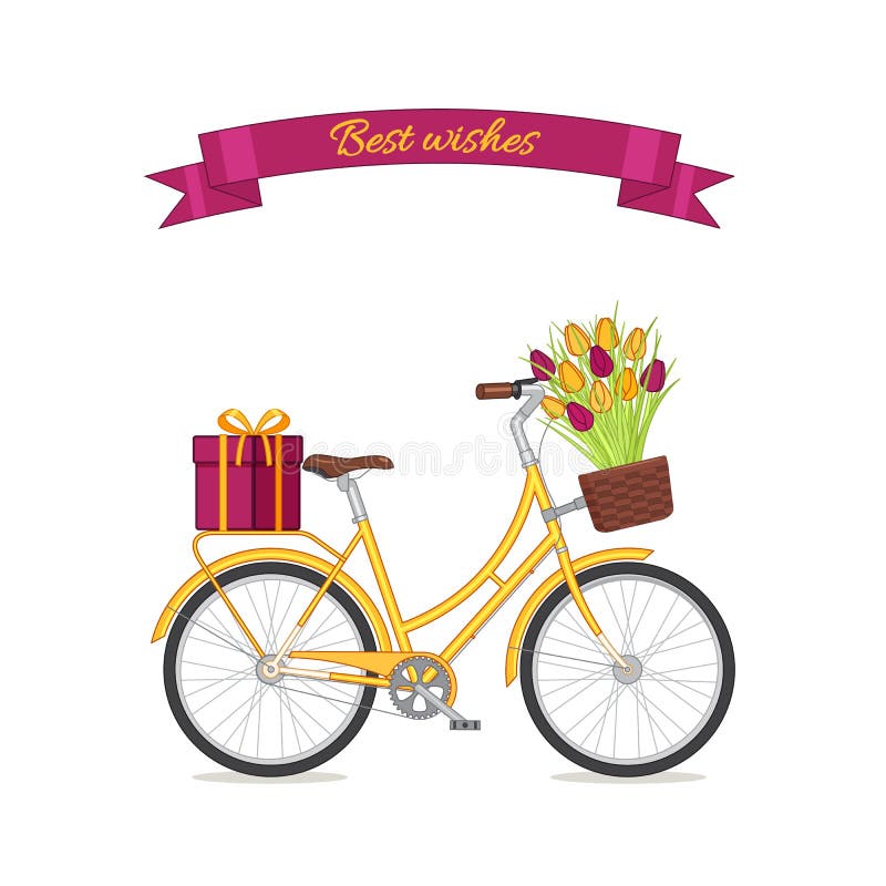 Yellow retro bicycle with tulip bouquet in floral basket and giftbox on trunk