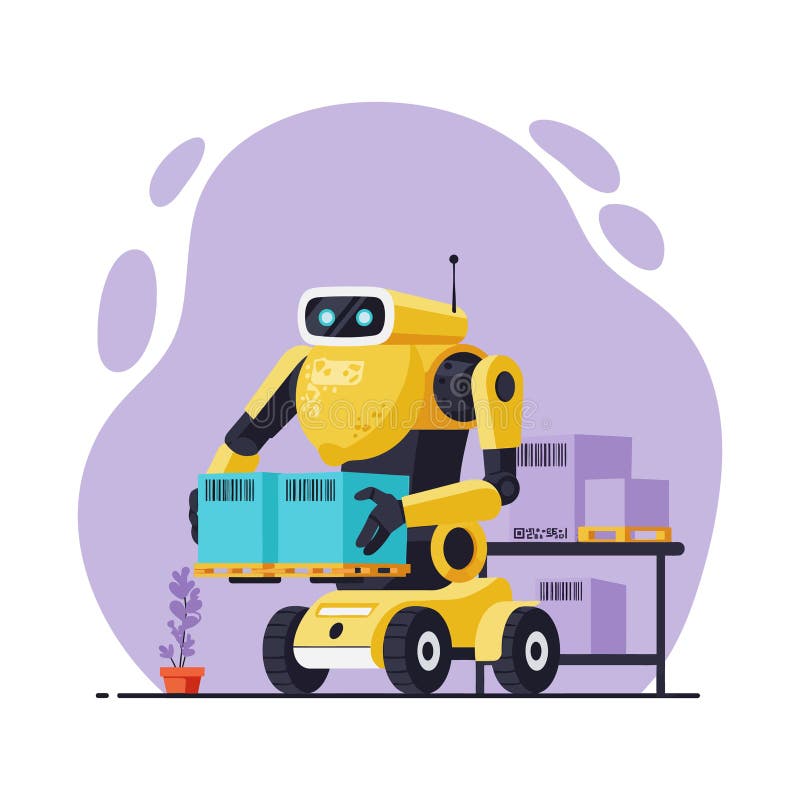 Yellow robot carrying blue boxes in warehouse setting flat design vector illustration royalty free illustration