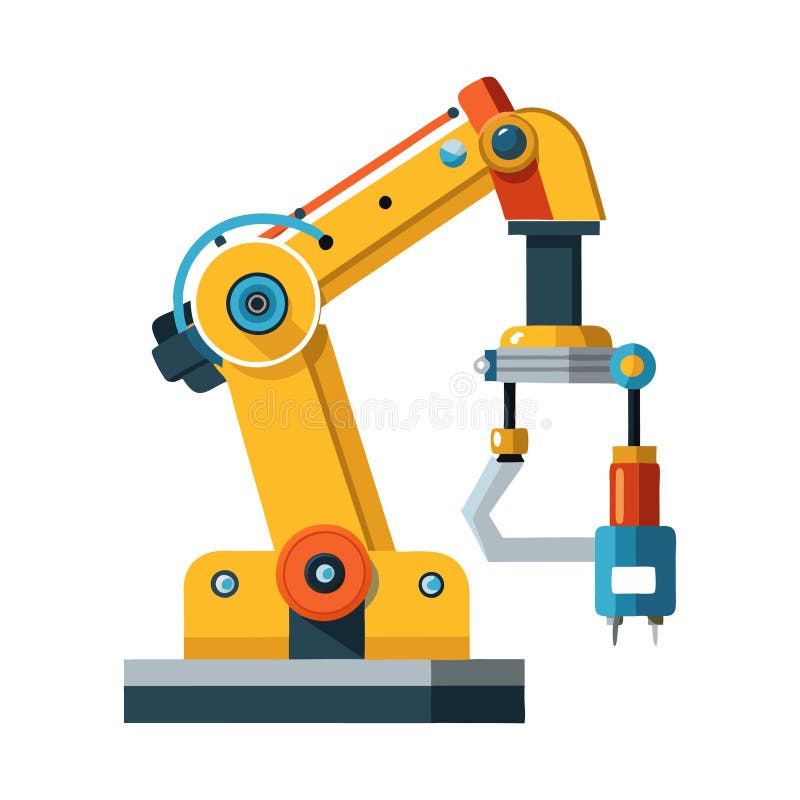 A yellow robot with a red handle is shown in a white background royalty free illustration
