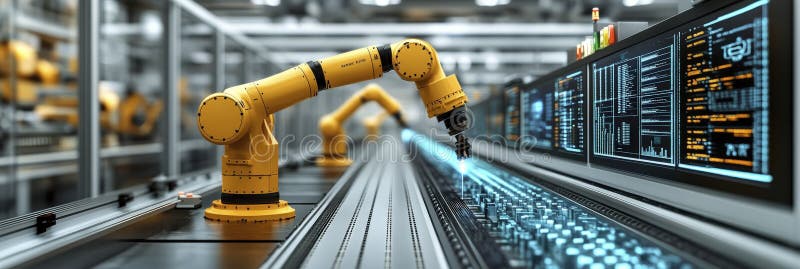 Yellow robotic arm on electronic circuit assembly line vector illustration