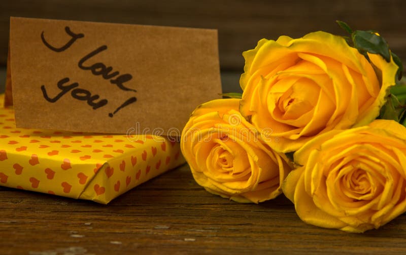 Yellow Roses Gift Box Card Text I Love You Stock Photos Free