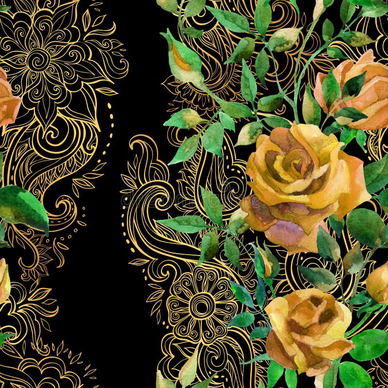 Red Roses on Baroque Ornament. Seamless Pattern Stock Illustration ...