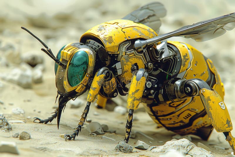 A yellow rusty robot bee on the stone ground under the sun close up stock photos