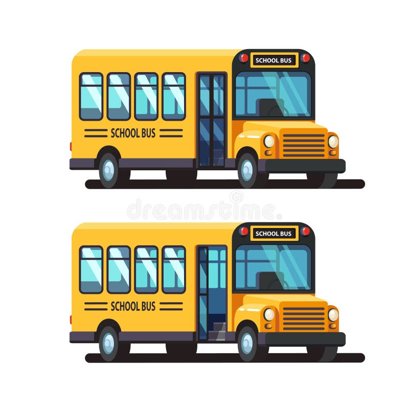 Yellow school bus with closed and opened doors stock illustration