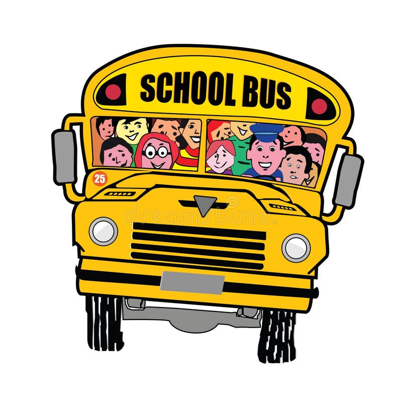 Yellow school bus full of cute and happy kids. stock illustration