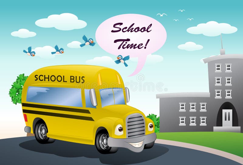 Yellow school bus on school stock illustration Yellow school bus on school stock illustration