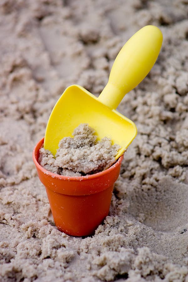 Yellow Shovel With Bucket In Sand Stock Image Image of children