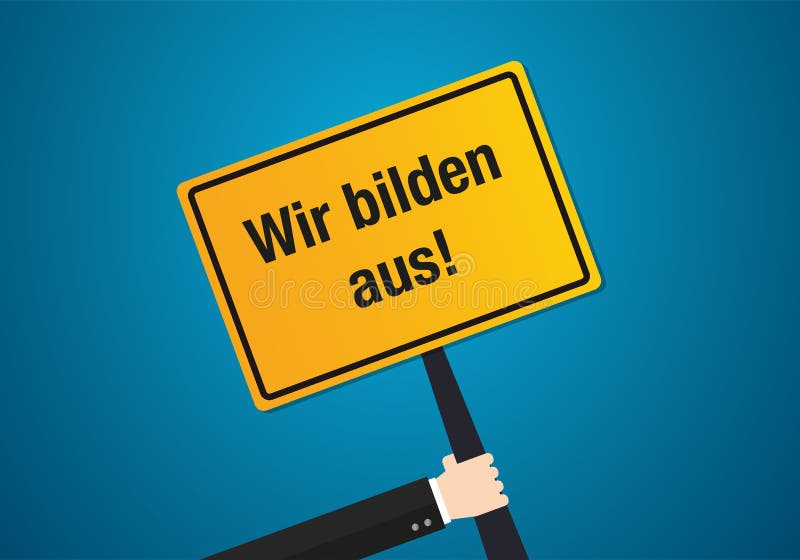 Yellow Sign with German Text Meaning we Train Employees Stock Vector Illustration of writing