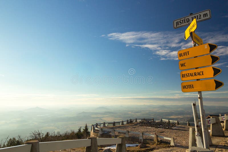 Yellow sign in mountains, Jested mountain, Liberec, Czech republic