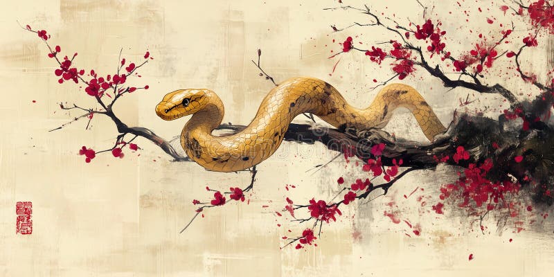 A yellow snake is on a branch of a Japanese cherry tree with red flowers. Chinese new year concept vector illustration