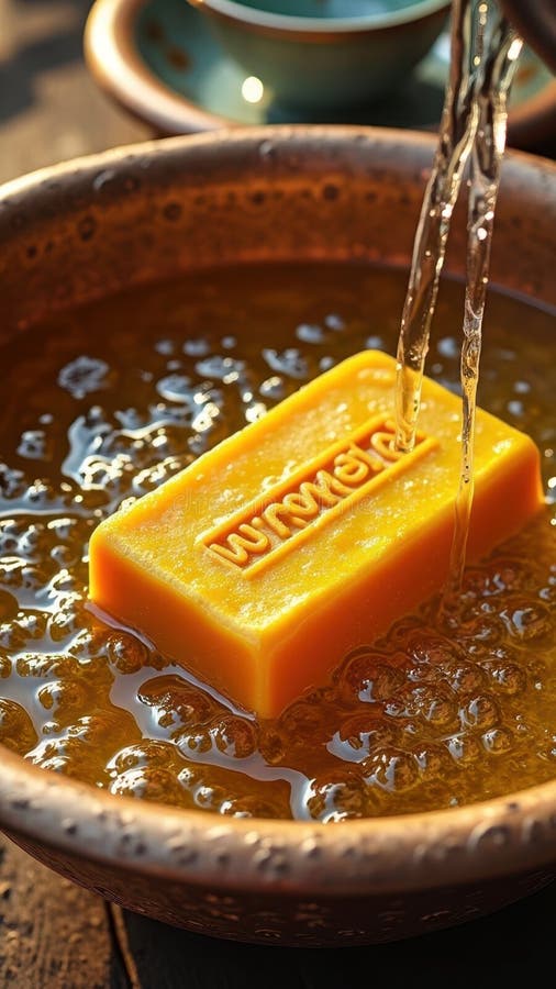 Yellow soap bar in rustic bowl with water pouring over in sunlight stock photos