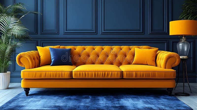 Yellow Sofa Blue Wall 3D Illustration Stock Illustration - Illustration ...