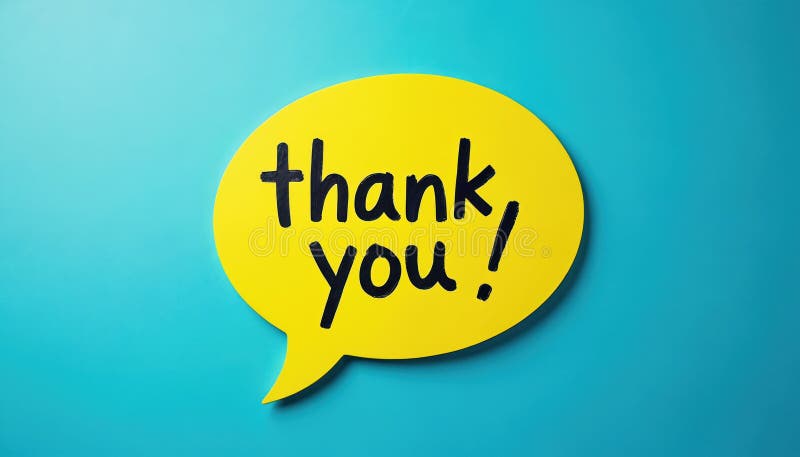 Yellow speech bubble with Thank Message on blue background. Handwritten text, gratitude concept. Positive affirmation on bubble stock photo
