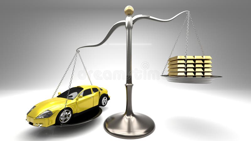 Yellow sports car on a scale against a stack of gold bars symbolizes expensive shopping, overpaying for goods, rip off, luxury