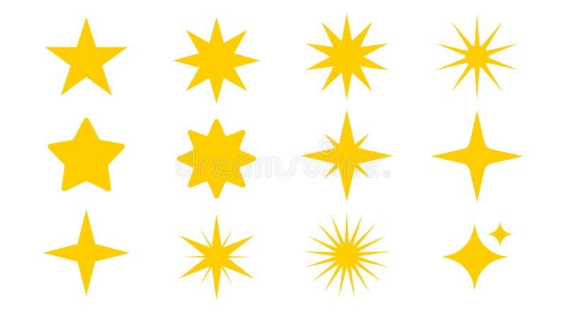 Yellow Star Icon set, Glittering vector symbol for decoration, Bright, Shiny graphic elements cut out, Abstract Icons in Minimal stock illustration