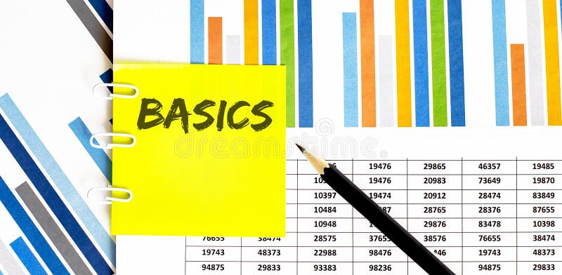 Yellow sticker with text BASICS on the chart with pencil . It can be used as a business and financial concept