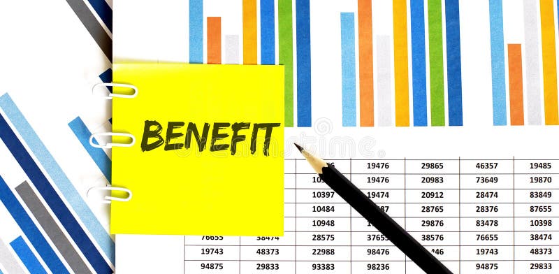 Yellow sticker with text BENEFITS on the chart with pencil . It can be used as a business and financial concept