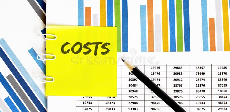 Yellow sticker with text COSTS on the chart with pencil . It can be used as a business and financial concept