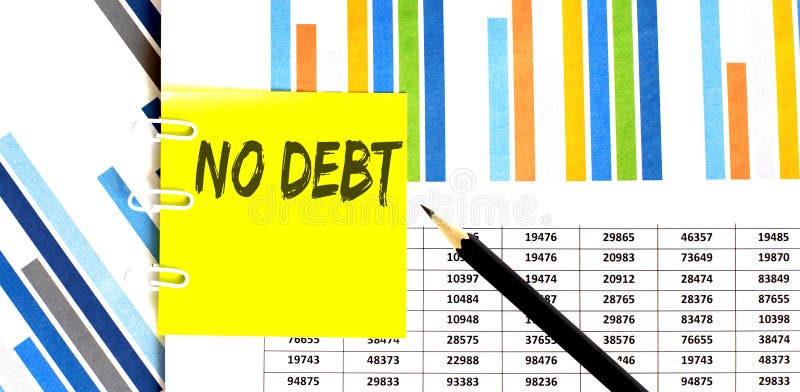 Yellow sticker with text NO DEBT on the chart with pencil . It can be used as a business and financial concept